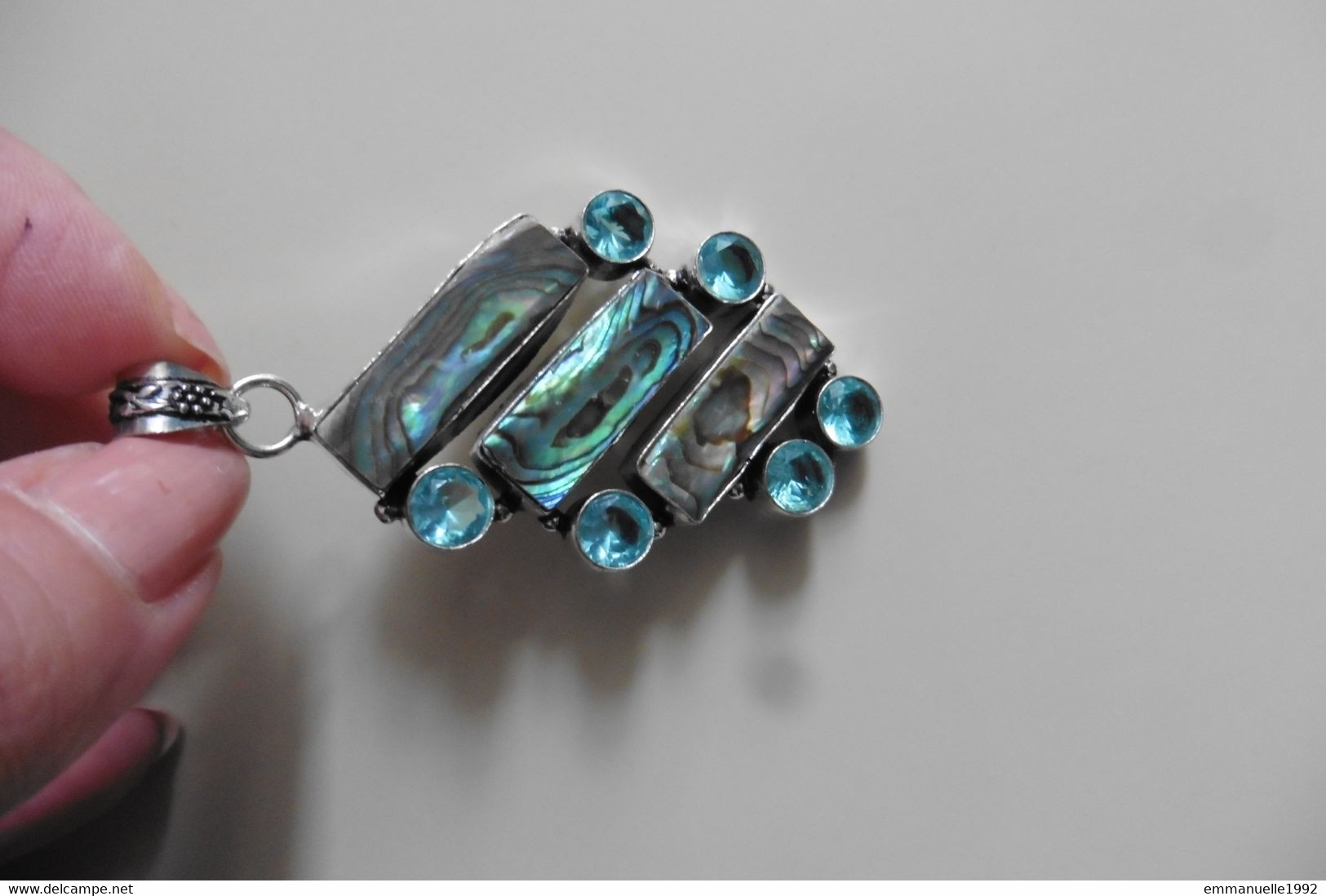 Neuf - Grand Pendentif En Argent 925 Serti Nacre Paua Abalone Et Topaze Bleue - Pendentifs