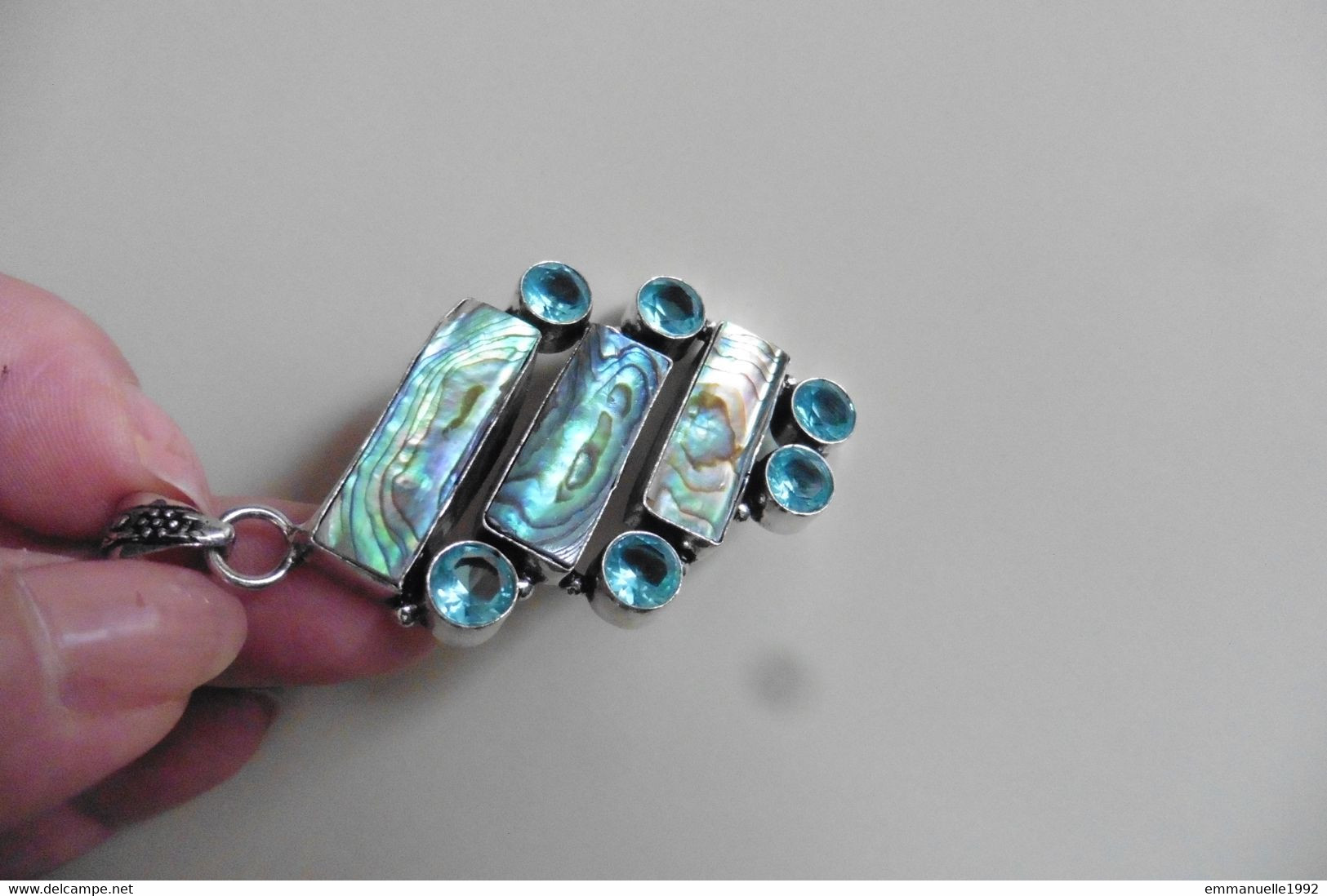 Neuf - Grand Pendentif En Argent 925 Serti Nacre Paua Abalone Et Topaze Bleue - Pendentifs