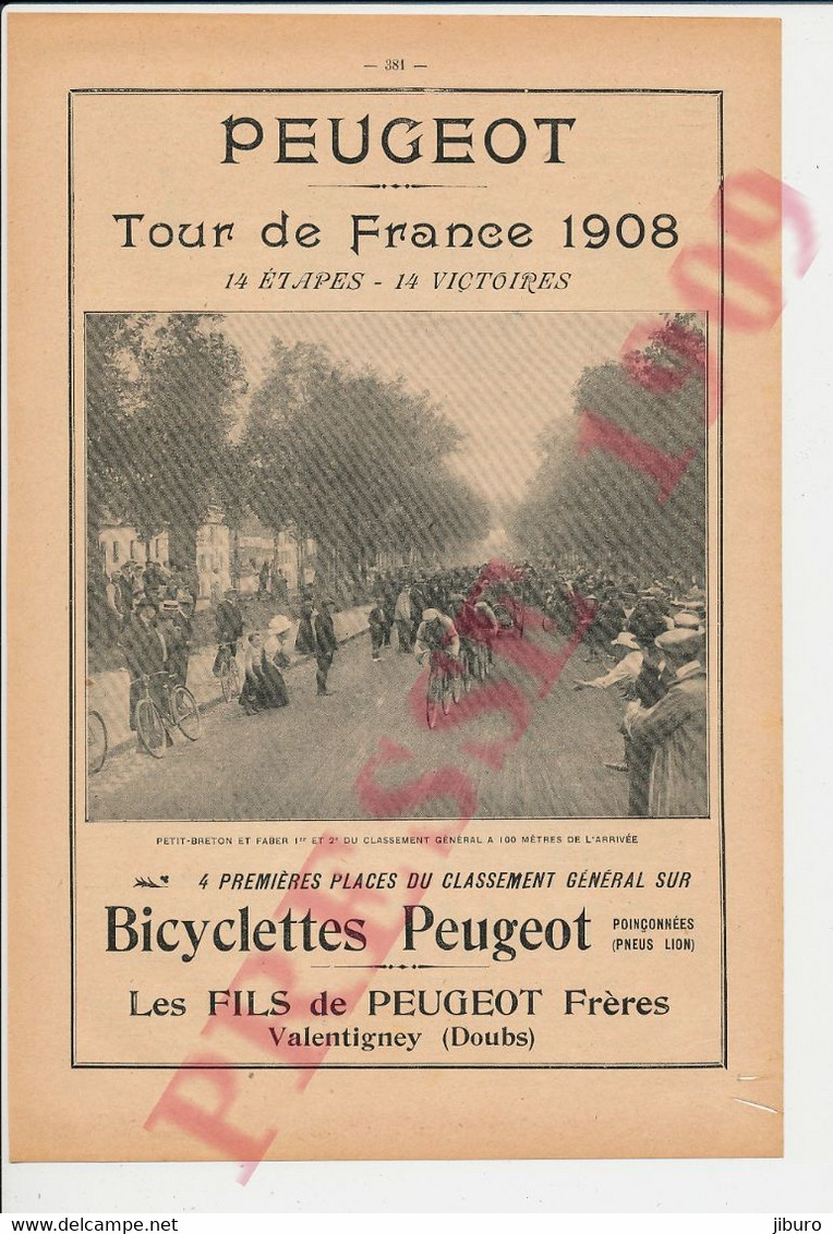 Publicité 1909 Bicyclettes Peugeot Valentigney Tour De France 1908 Cyclisme Faber & Petit-Breton Millot 70 Gray 249/31 - Sin Clasificación