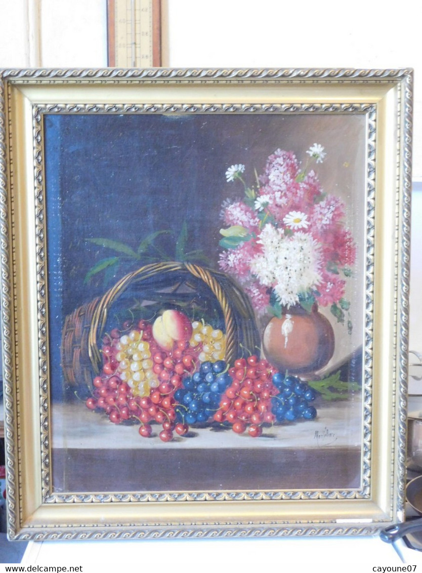 MORTELAZ (XIX-XXème) Huile Sur Toile Grand Format Nature Morte Aux Raisins Cerise Pêche Et Bouquet Fleuri - Olii