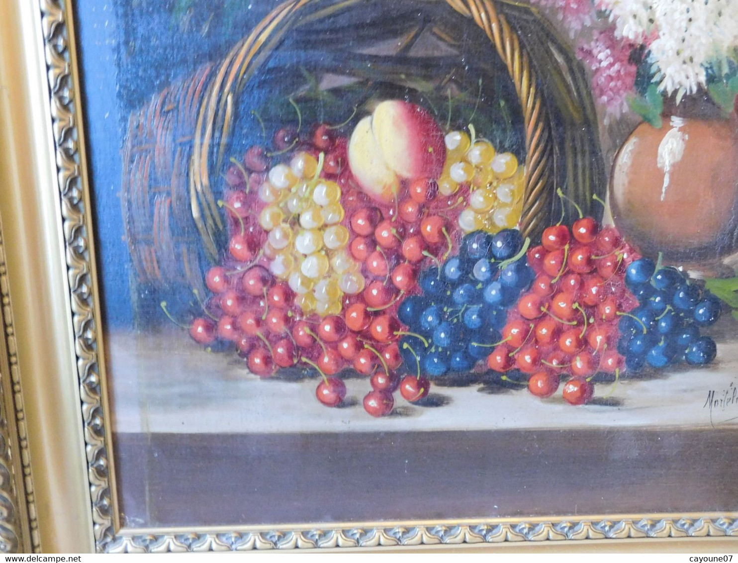 MORTELAZ (XIX-XXème) huile sur toile grand format nature morte aux raisins cerise pêche et bouquet fleuri