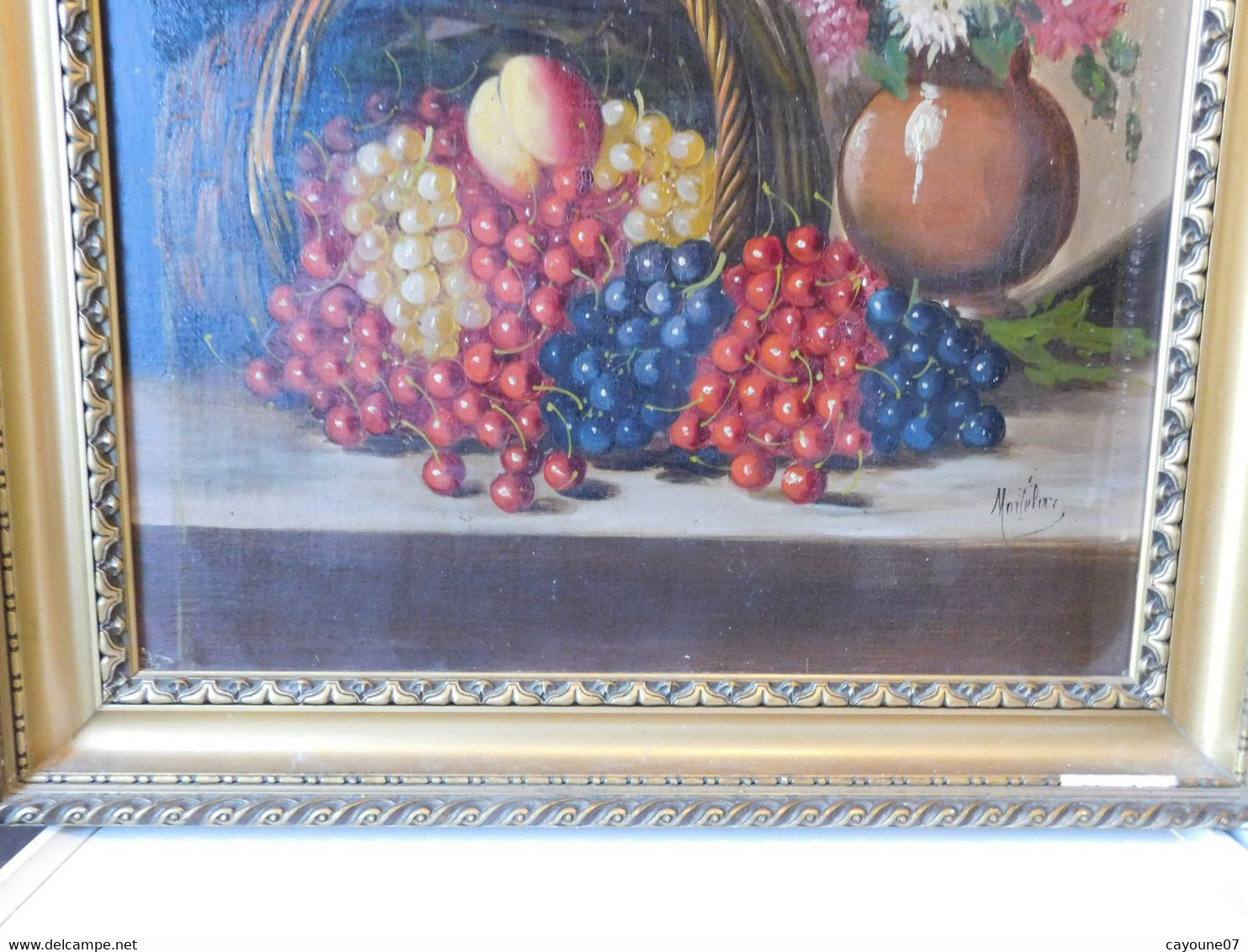 MORTELAZ (XIX-XXème) huile sur toile grand format nature morte aux raisins cerise pêche et bouquet fleuri