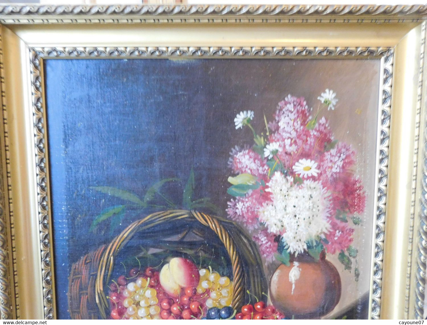 MORTELAZ (XIX-XXème) huile sur toile grand format nature morte aux raisins cerise pêche et bouquet fleuri