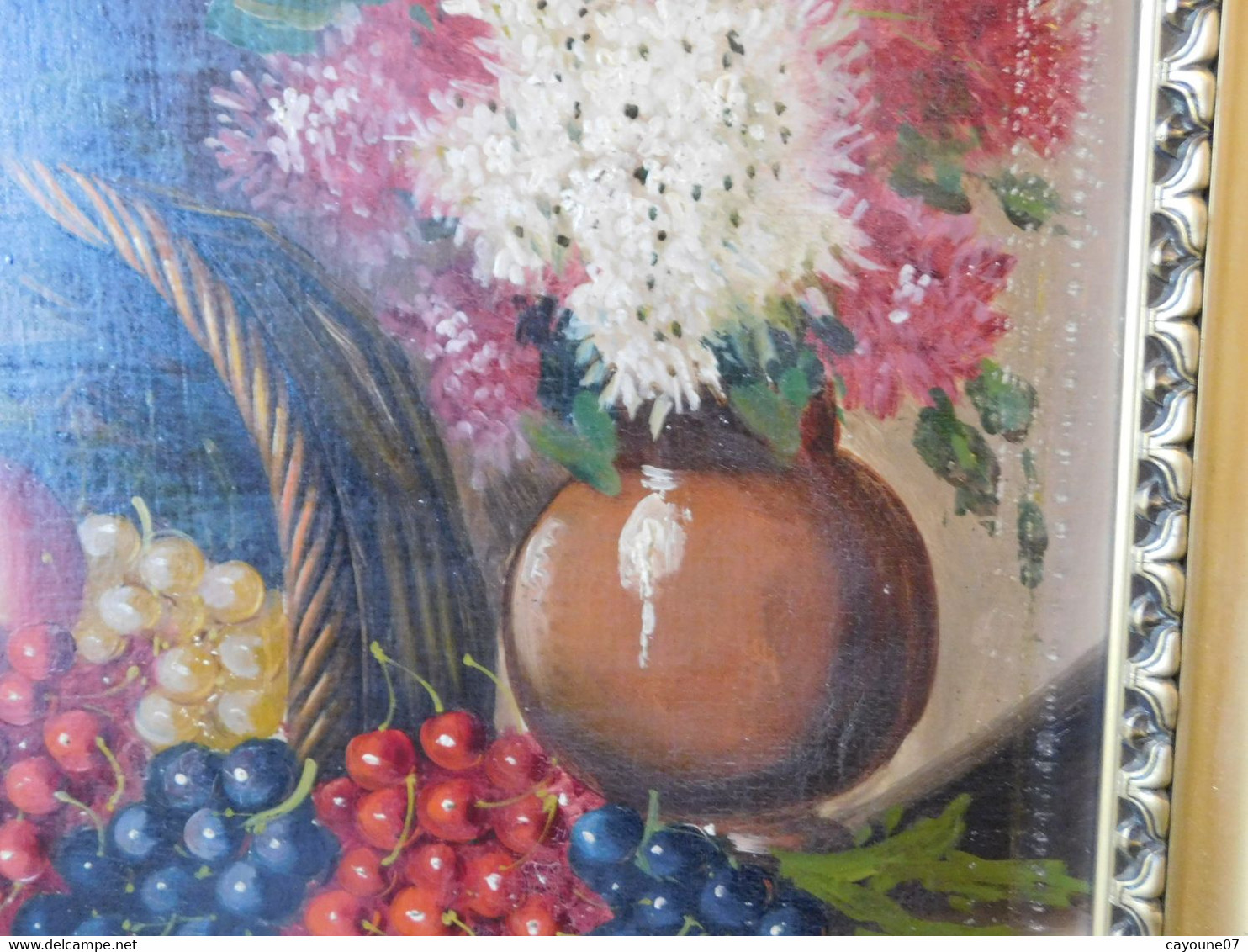 MORTELAZ (XIX-XXème) huile sur toile grand format nature morte aux raisins cerise pêche et bouquet fleuri