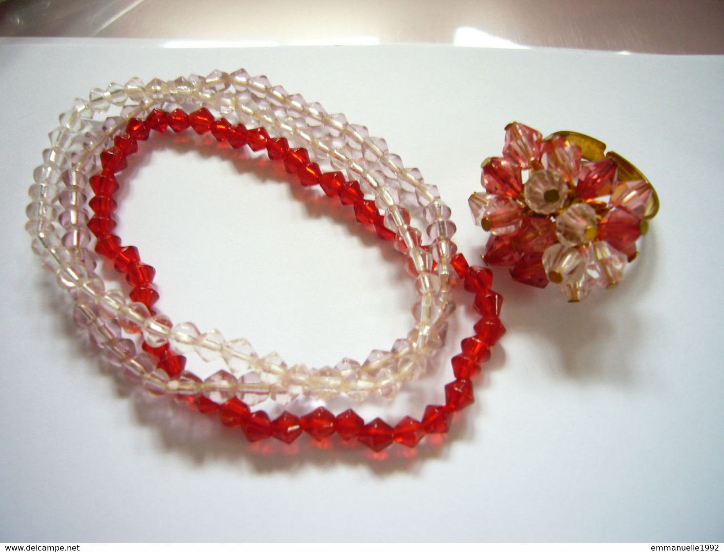 Vintage - Bague Pompon Réglable Et 3 Bracelets Cristaux Fantaisie Rouge Rose Bracelet - Ringe