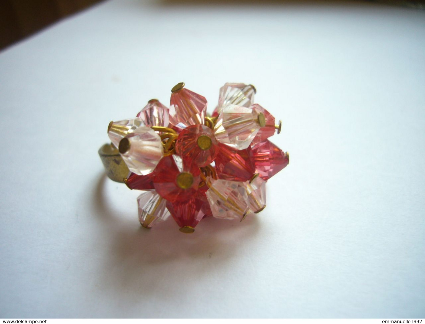 Vintage - Bague pompon réglable et 3 bracelets cristaux fantaisie rouge rose bracelet
