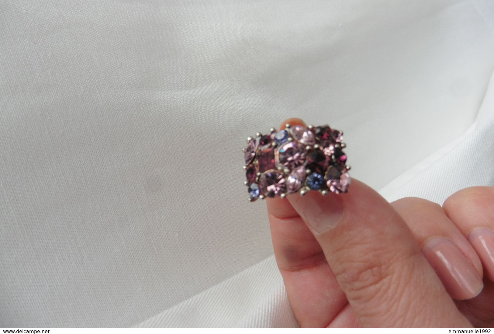 Bague Réglable En Métal Argenté Et Cristaux Strass Rose Mauve Violet Prune - Rings