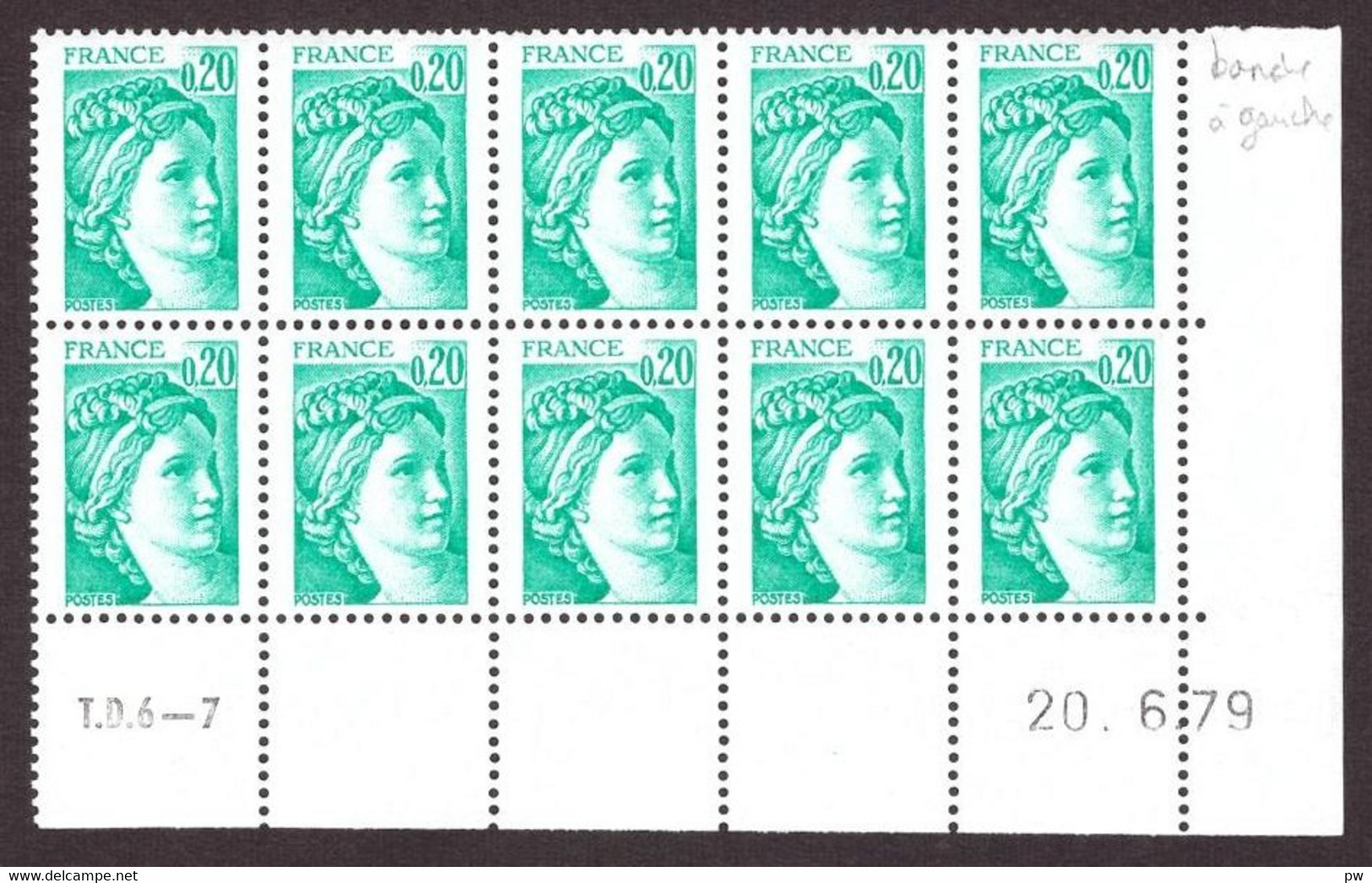 FRANCE 1978 SABINE DE GANDON YT N° 1967a 0,20  EMERAUDE Ph à Gauche COIN DATE - 1977-1981 Sabine Of Gandon