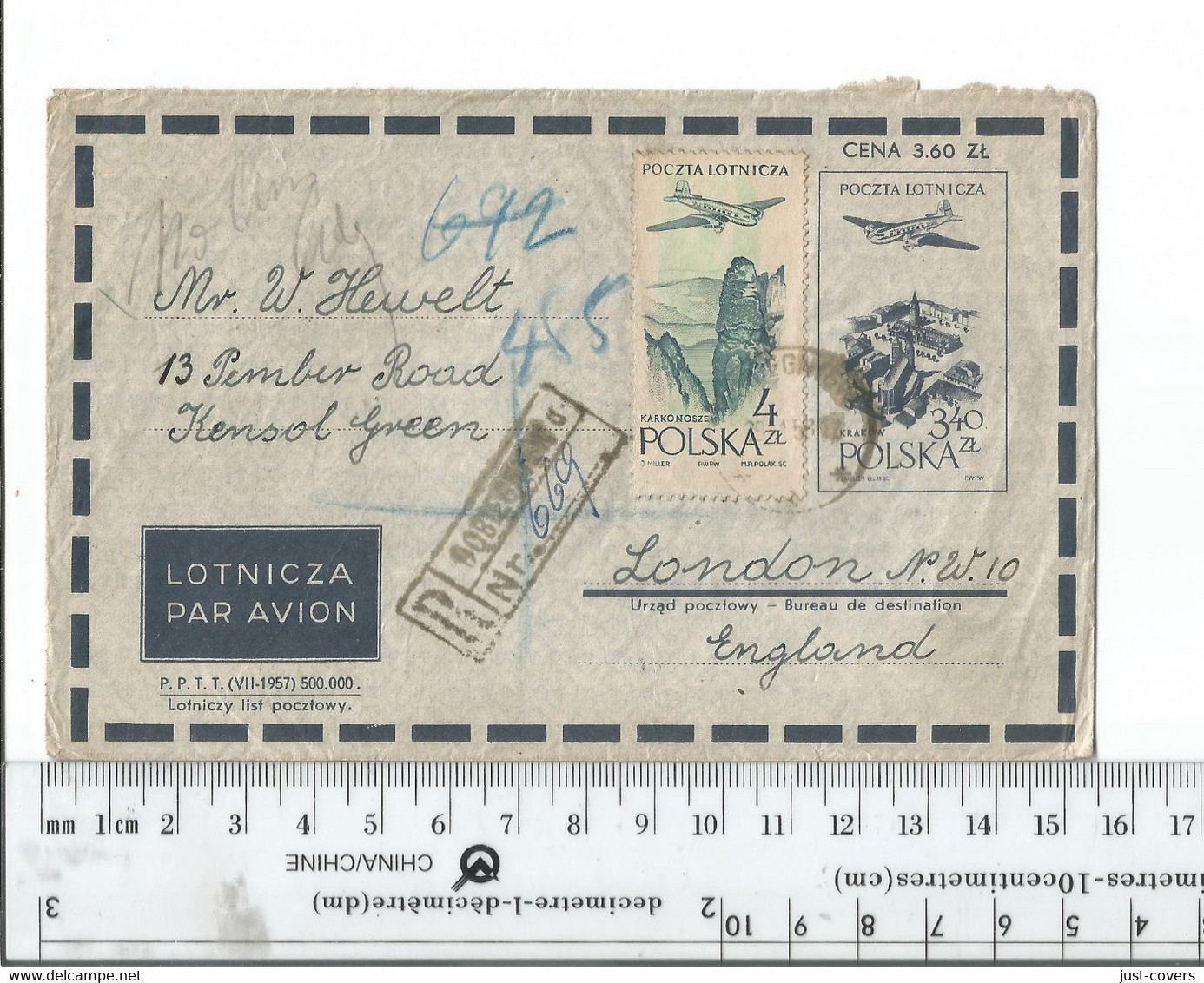 Poland Rębusz Registered To London Kensal Green UK Jan 31 1958.....(Box 8) - Airplanes