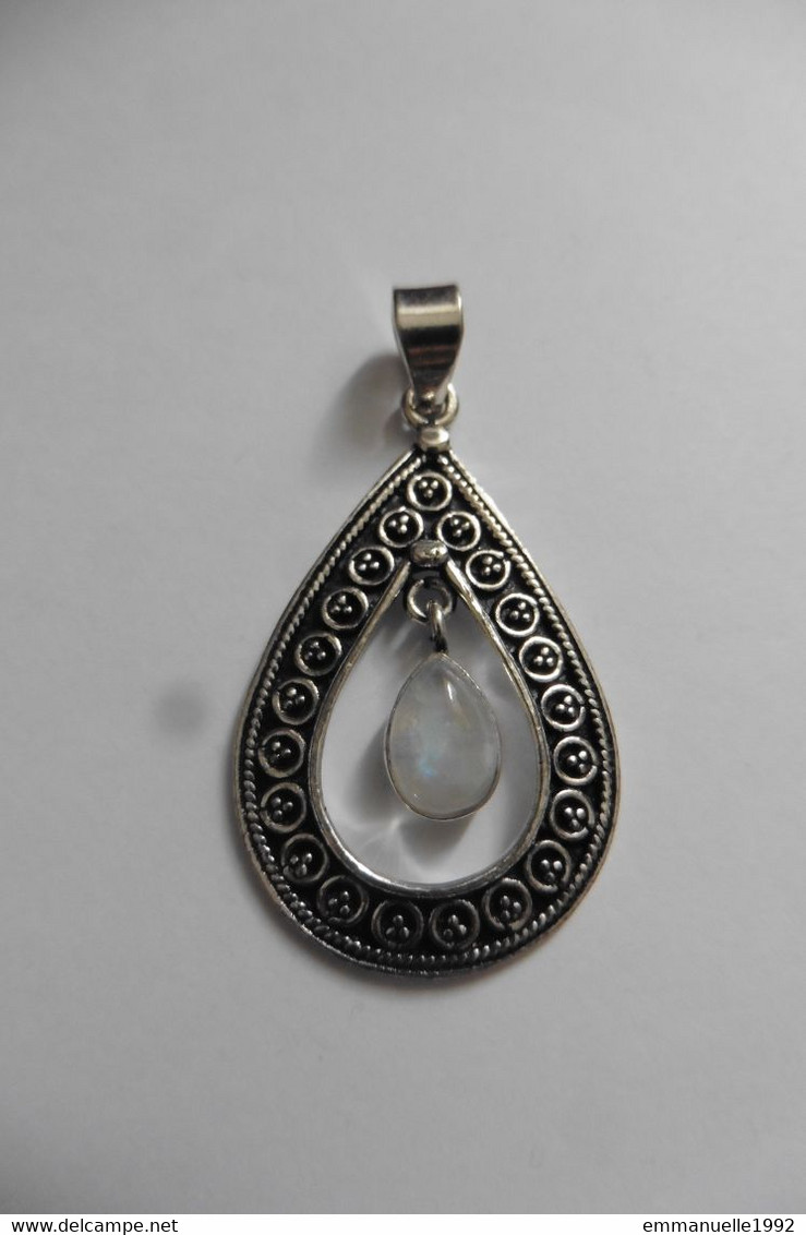 Neuf - Pendentif En Argent 925 Ciselé Serti Goutte Pierre De Lune Moonstone - Pendants