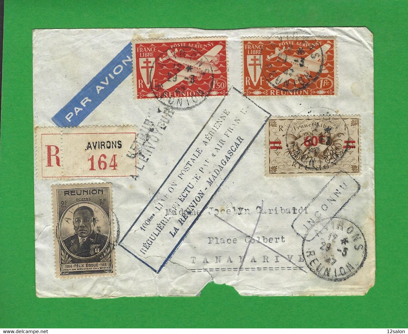 AVIRONS REUNION - 1947 LETTRE Par AVION 100éme Liaison Postale Aérienne LA REUNION MADAGASCAR - Airmail