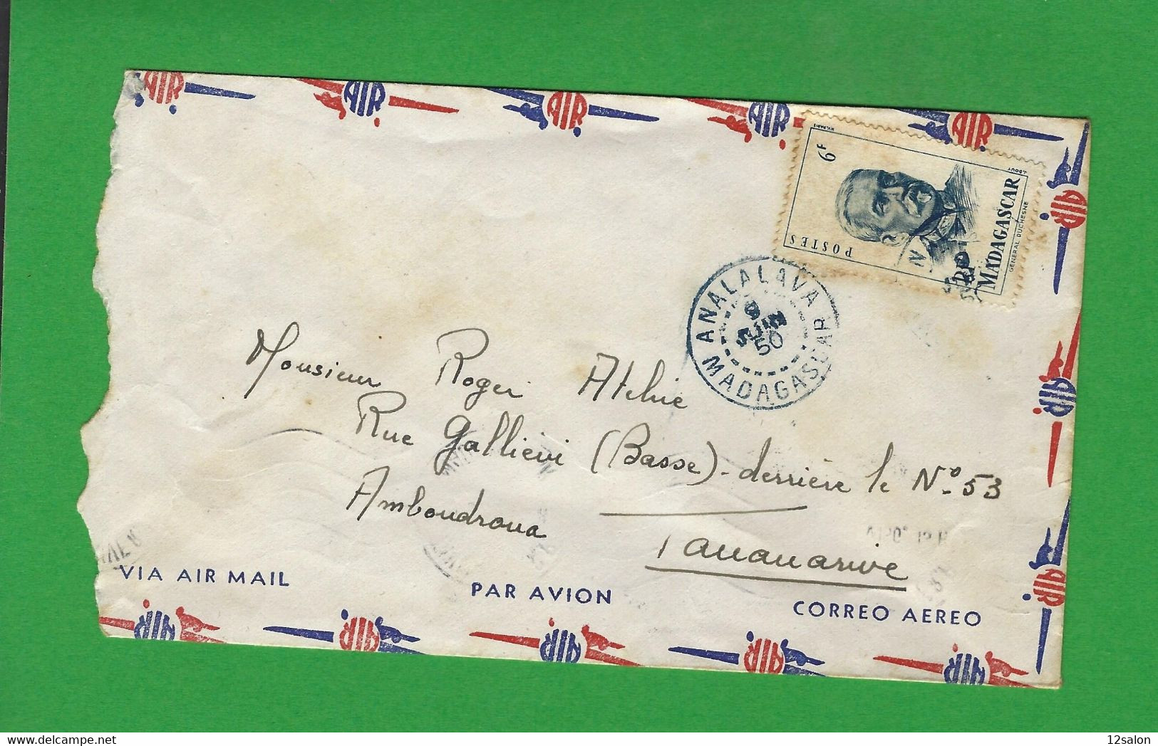 LETTRE PAR AVION ANALALAVA MADAGASCAR 1950 - Airmail