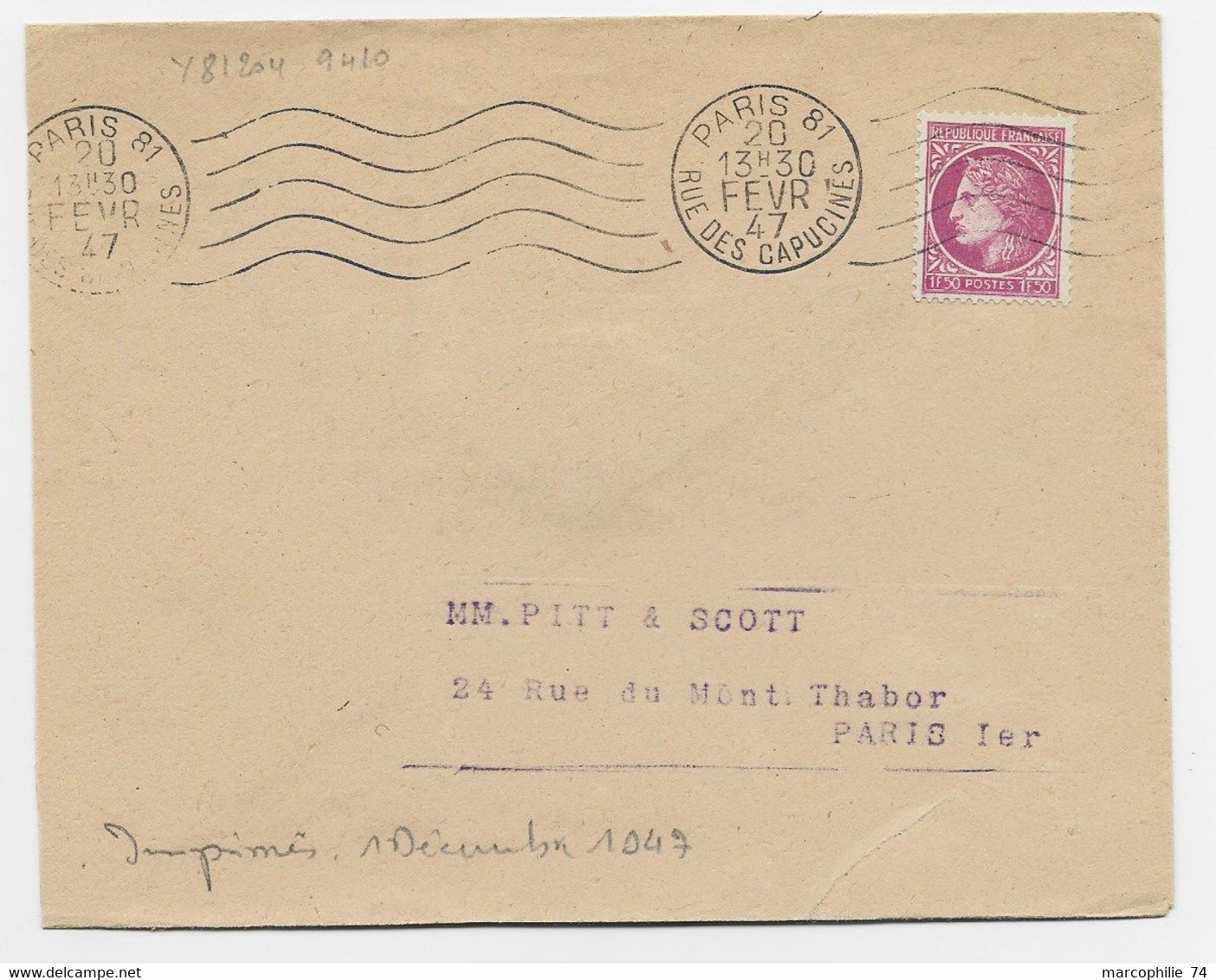 FRANCE MAZELIN 1FR50 SEUL LETTRE PARIS 81 20 FEVR 1947 TARIF IMPRIME - 1945-47 Ceres Of Mazelin