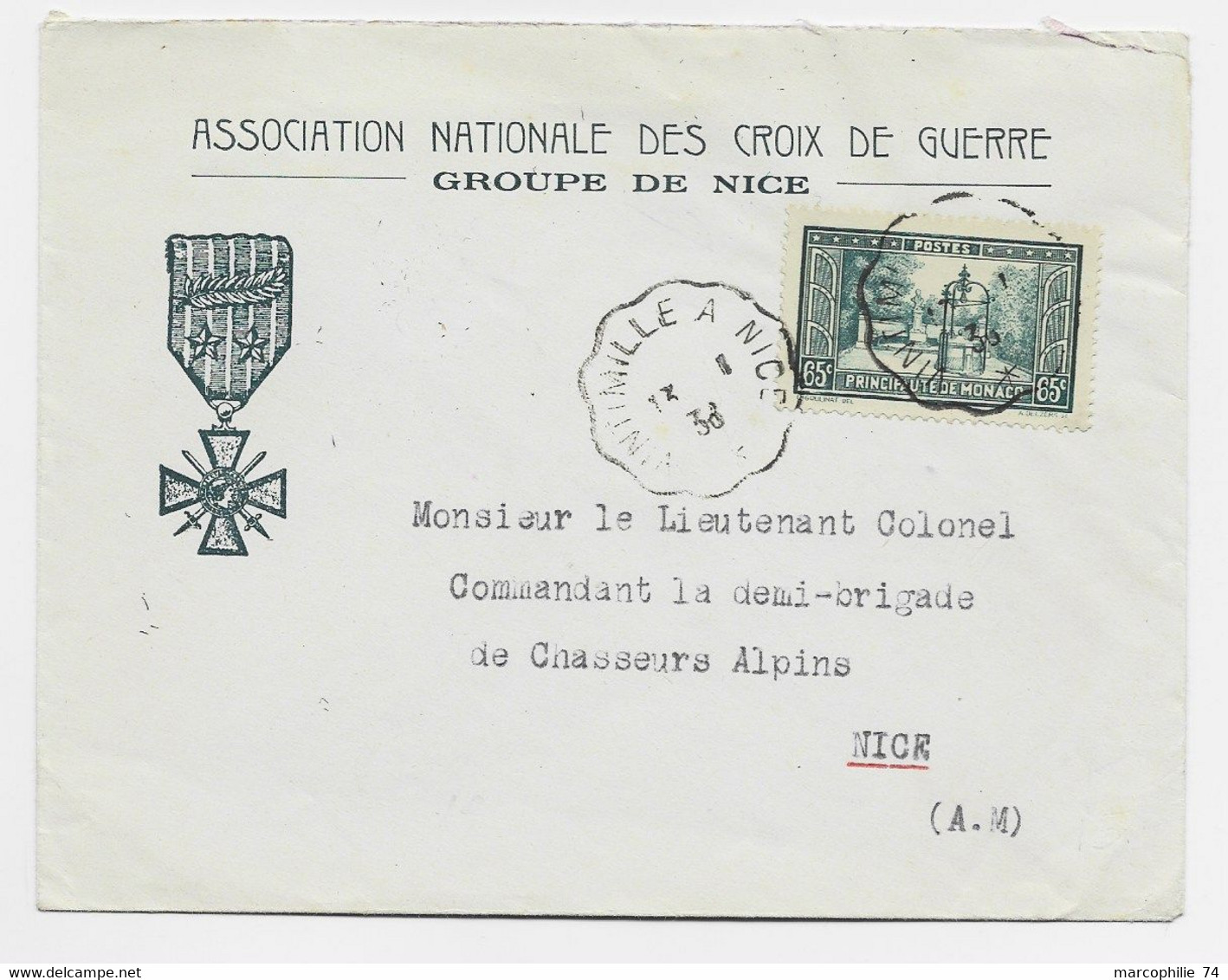 MONACO 65C  CONVOYEUR VINTIMILLE A NICE 13.1.1938 LETTRE COVER ENTETE ASSOCIATION DES CROIX DE GUERRE GROUPE DE NICE - Lettres & Documents