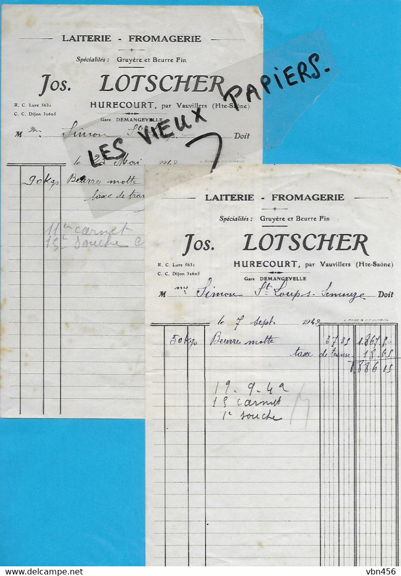 70 - Haute-saône - HURECOUER - Facture LOTSCHER - Laiterie, Fromagerie - 1942 - REF 192B - 1900 – 1949