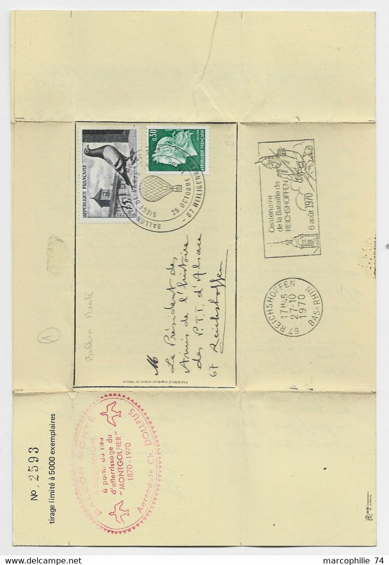 CHEFFER 30C+ 15C COLOMBE LETTRE COVER BALLON MONTE GAZETTE DES ABSENTS SIEGE DE PARIS 67 HEILIGENBERG 25.OCT 1970 - 1960-.... Lettres & Documents