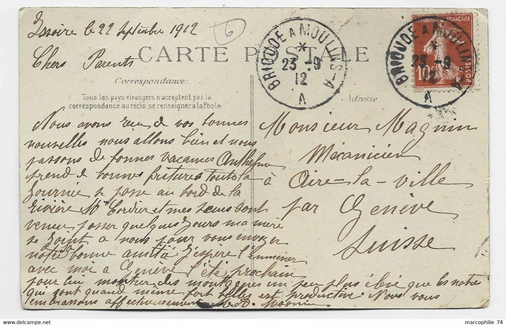 FRANCE N° 138 CARTE AMBULANT BRIOUDE A MOULINS AA 23.9.1912 POUR SUISSE - Poste Ferroviaire