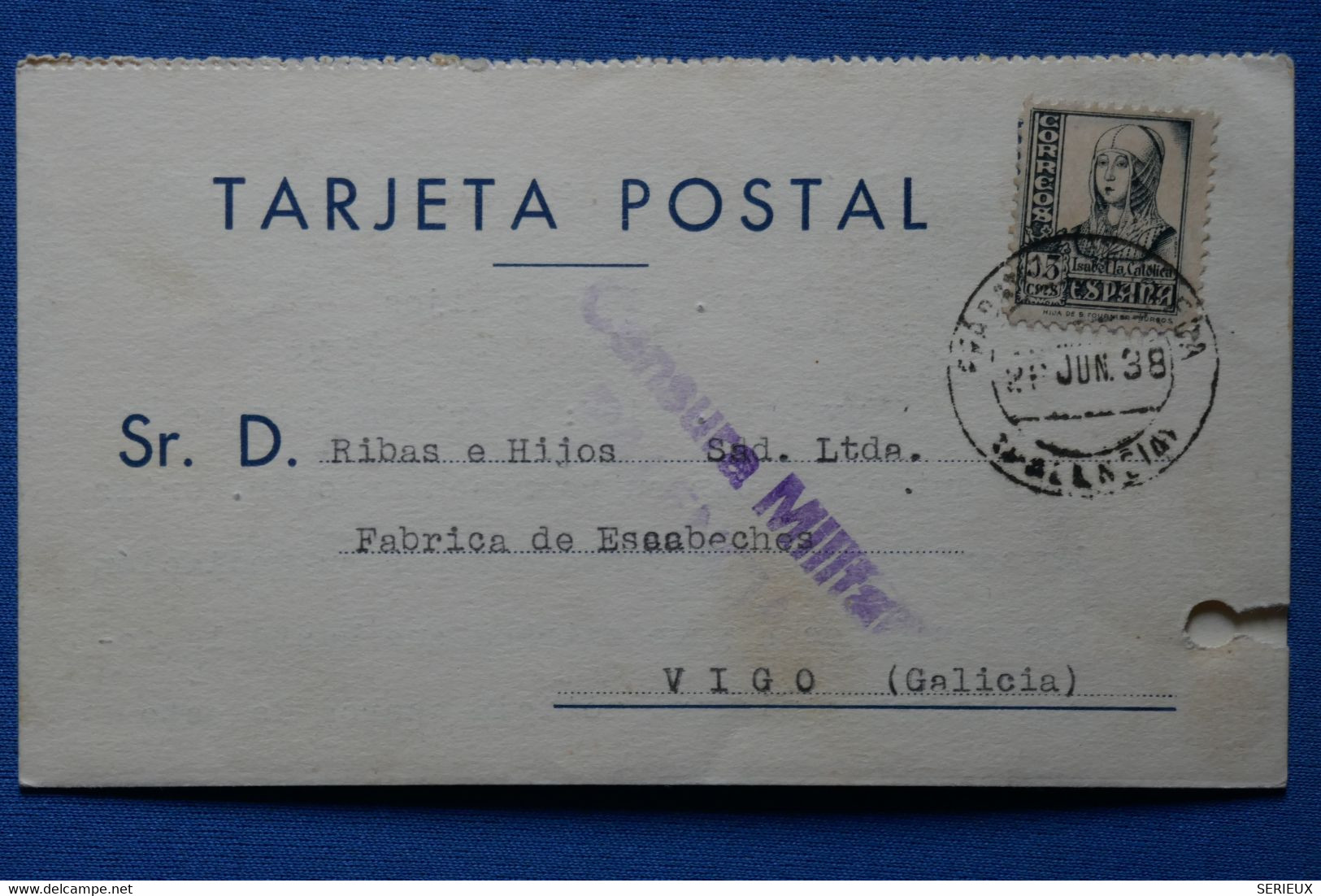 #15 ESPAGNE  BELLE CARTE  CENSURE MILITARE 1938 GUERRE CIVILE PRADANOS   POUR VIGO  + AFFRANCHISSEMENT. INTERESSANT - Marques De Censures Nationalistes