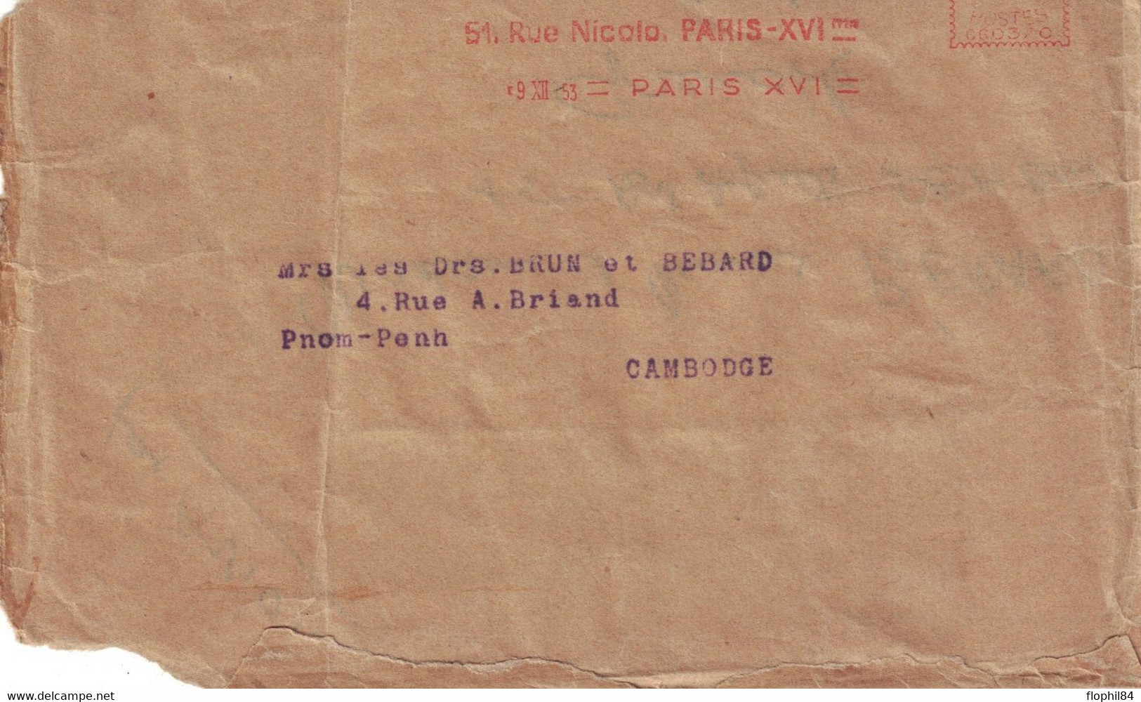 CAMBODGE - DEVANT DE LETTRE POUR LA FRANCE PAR AVION - REUTILISATION D'UNE ENVELOPPE EN 1954. - Cambodia