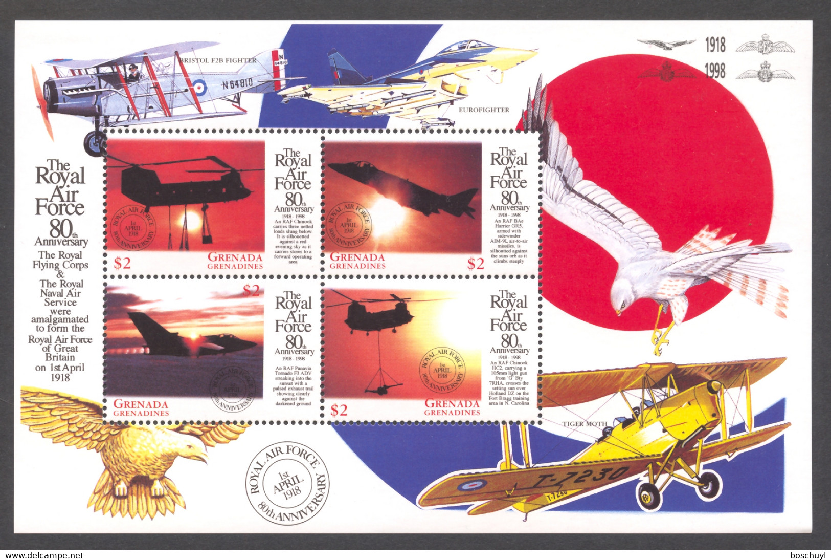 Grenada Grenadines, 1998, Royal Air Force, Military Helicopter, Airplane, Chinook, Harrier, MNH Sheet, Michel 2802-2805 - Grenada (1974-...)