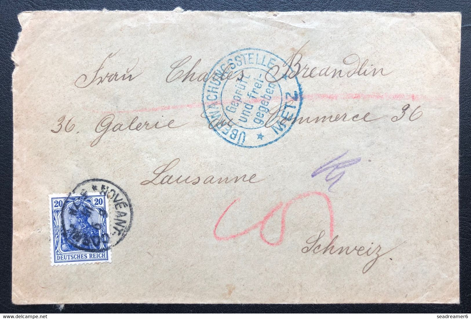 Alsace Lorraine Occupée Lettre Allemagne N°85 Obl Dateur De Noveant Corny + Dateur Censure De Metz Pour Lausanne Suisse - Altri & Non Classificati