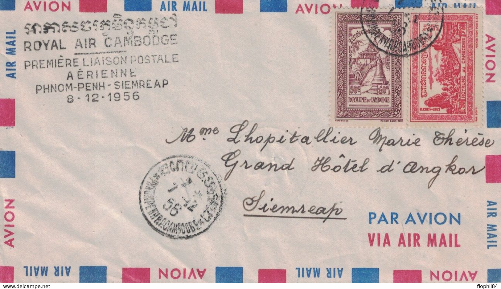 CAMBODGE - PNOMPENH - LETTRE ROYAL AIR CAMBODGE 1er LIAISON POSTALE AERIENNE PNOMPENH-SIEMREAP 8-12-1956. - Cambodia