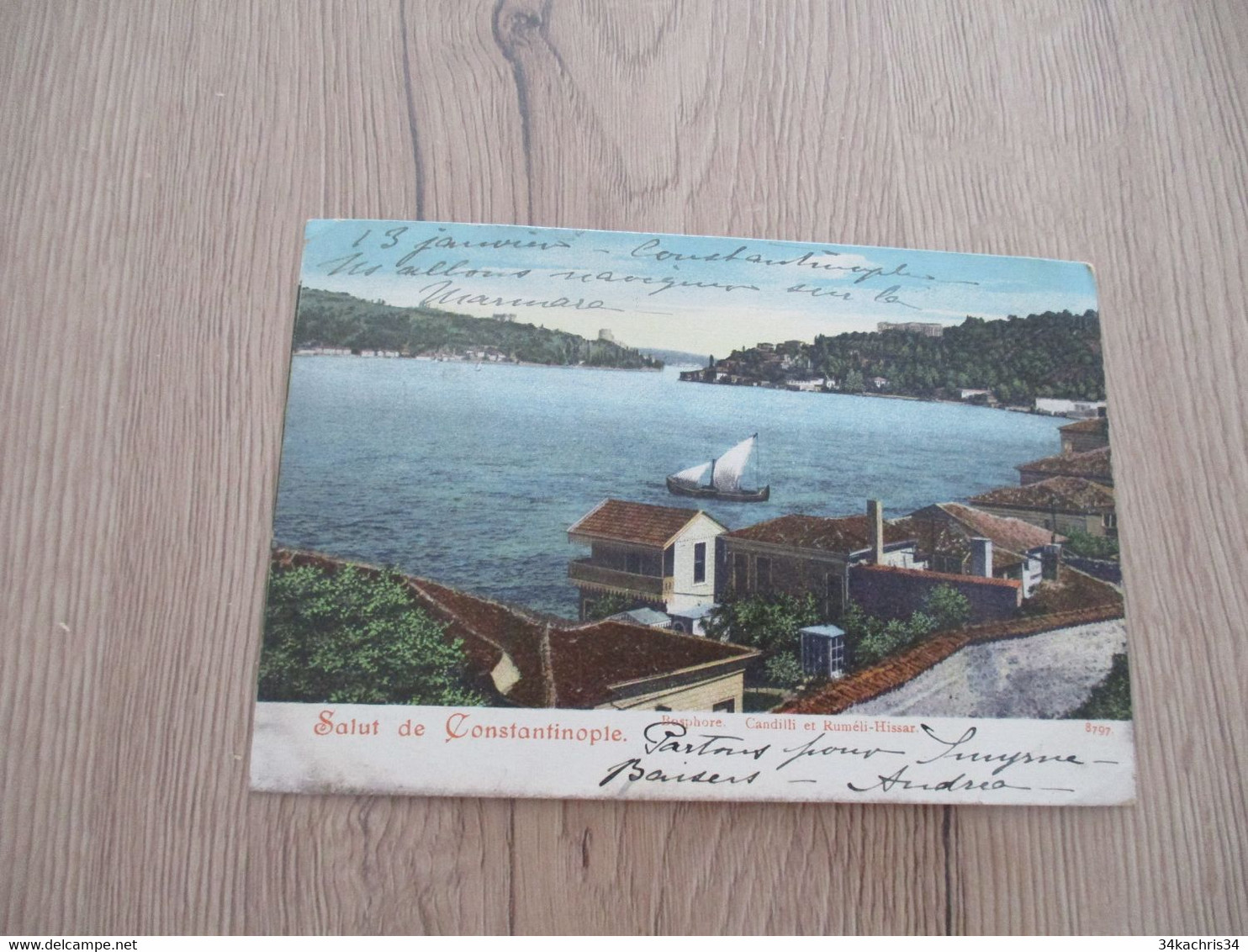 Sur CPA Constantinople  TP 10c Rouge Mouchon Levant Et Cachet Constantinople Poste Française 1905 - Lettres & Documents