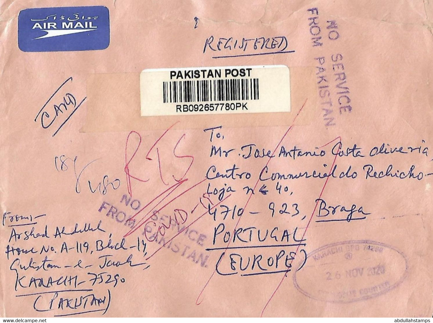 PAKISTAN 2020 AIRMAIL COVER TO PORTUGAL RETURNED WITH NO SERVICE FROM PAKISTAN RUBBER STAMP AND RTS COVID-19 POSTAL MARK - Covers & Documents