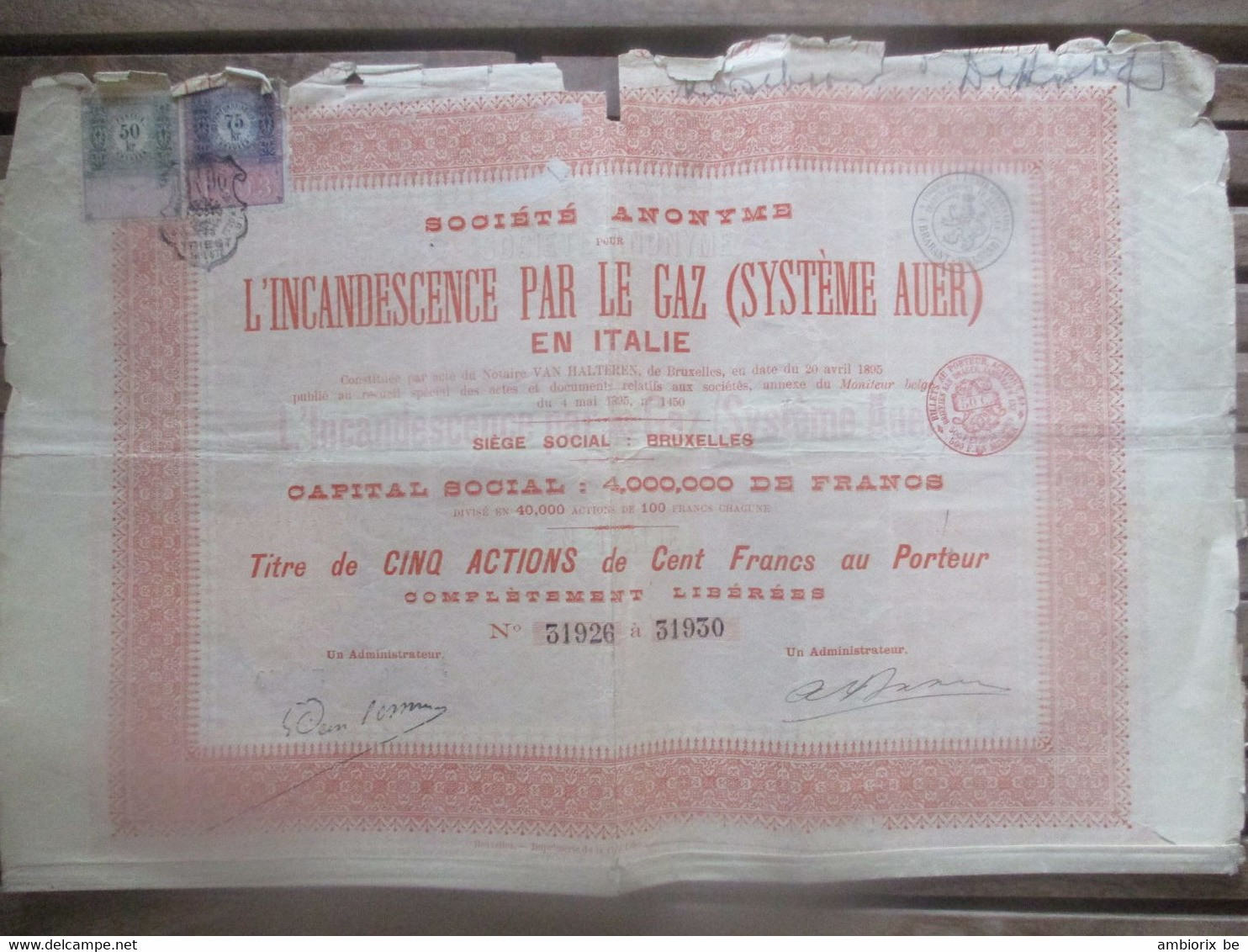 L'incandescence Par Le Gaz (système AUER) En Italie - Capital 4 000 000 - Titre De Cinq Actions De Cent Francs - Electricidad & Gas