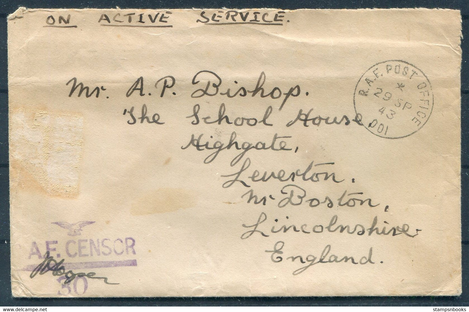 1943 (Sept 29th) Iceland R.A.F. Post Office 001 Censor Cover + Letter W.E. Ebbutt - Bishop, School House, Leverton - Storia Postale