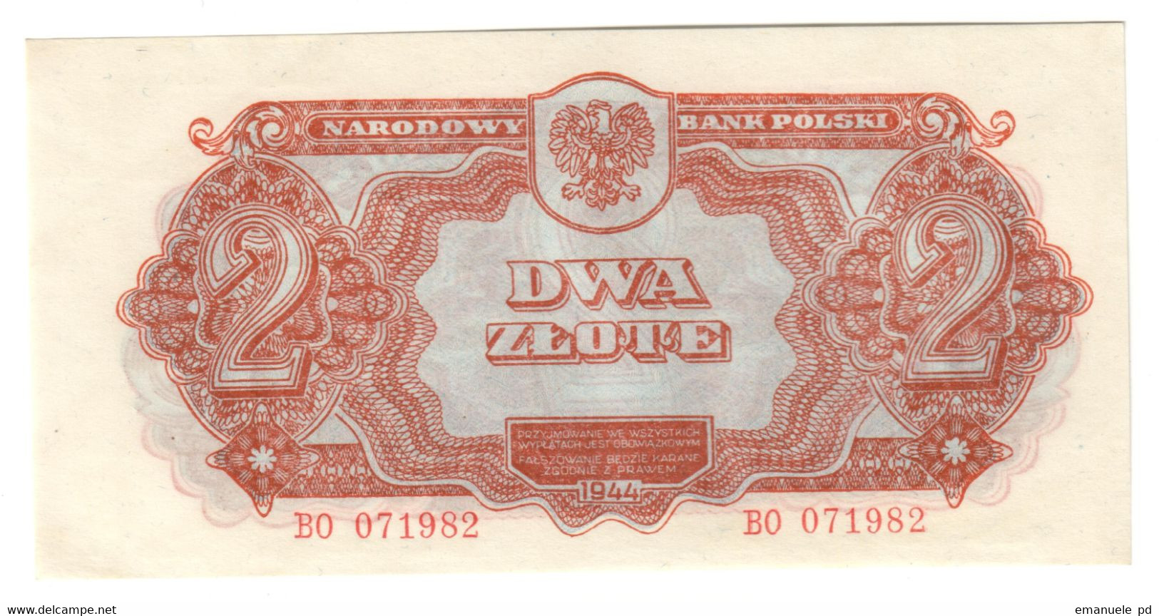 POLAND	2	ZLOTE	1944		UNC	Obowiazkowym		.CV. - Polonia