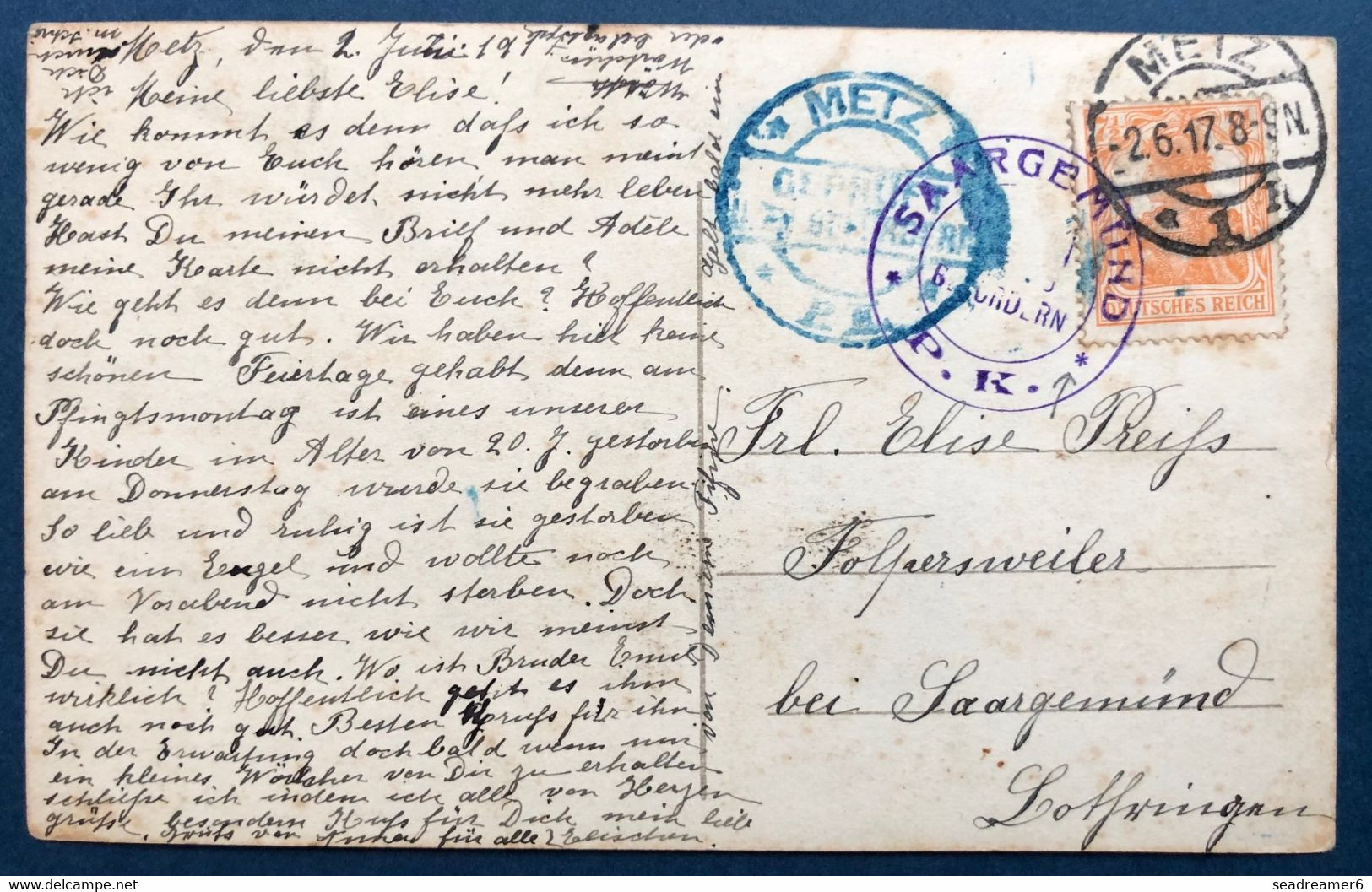 Alsace Lorraine Carte Timbre Allemand N°98 71/2 Orange Obl De Metz + Double Censure Dateur De Saargemund & Metz RR - Andere & Zonder Classificatie