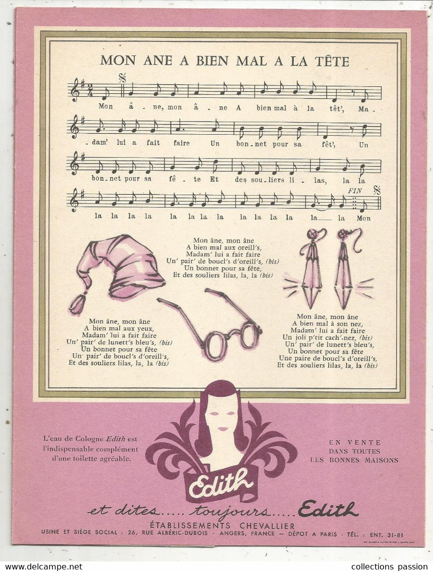 Protége Cahier, CHANSONS DE FRANCE,eau De Cologne EDITH, Illustrateur Mercier, Mon âne A Bien...., Frais Fr 2.15 E - Schutzumschläge