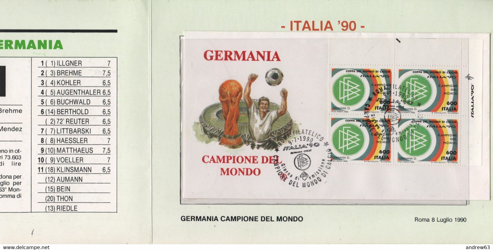 ITALIA - REPUBBLICA - 1990 - Germania Ovest Campione Del Mondo - Coppa Del Mondo Di Calcio Italia '90 - FDC Edizione Spe - FDC