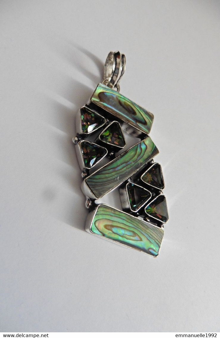 Neuf - Pendentif En Argent 925 Serti Nacre Paua Abalone Et Mystic Topaze Vert à Reflets - Pendants