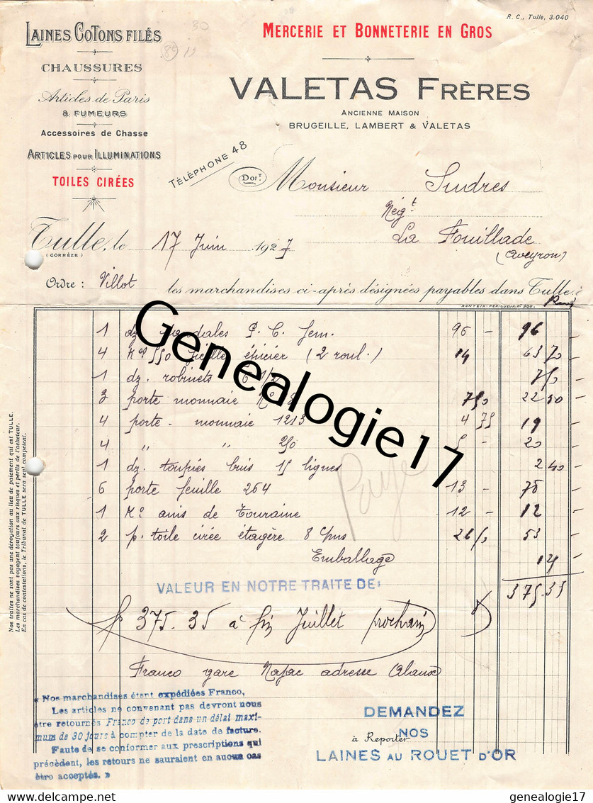 19 0512 TULLE CORREZE 1927 Mercerie VALETAS FRERES Succ BRUGEILLE LAMBERT Bonneterie Avenue Victor Hugo - Droguerie & Parfumerie