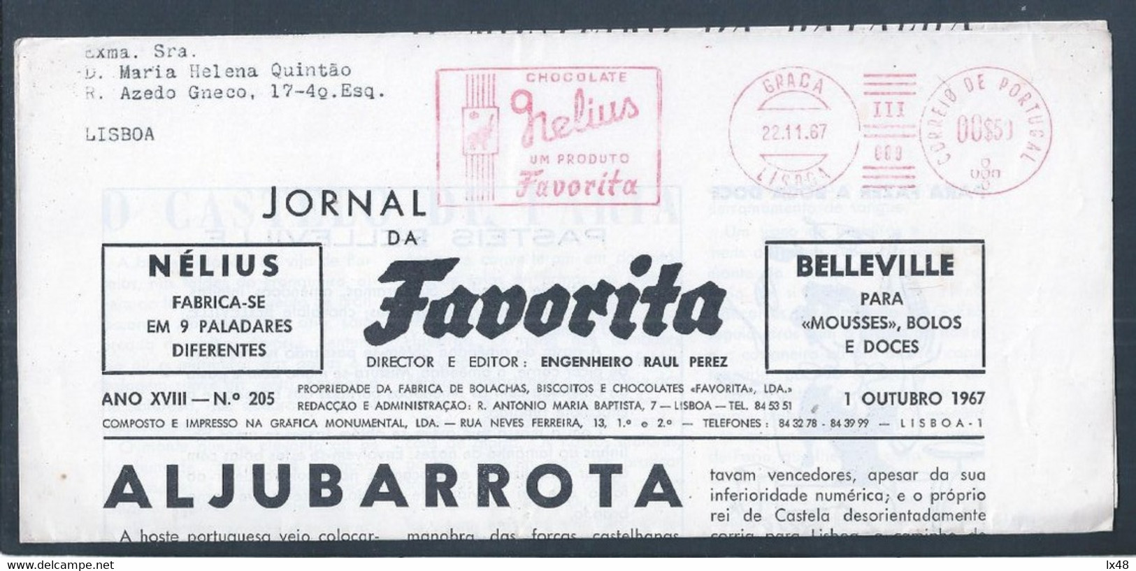 Favorite Chocolate Streamer Circulated In 1967. Cocoa. Favorite Chocolate Streamer Circuleerde. Belleville. Aljubarrota - Sucreries & Gâteaux