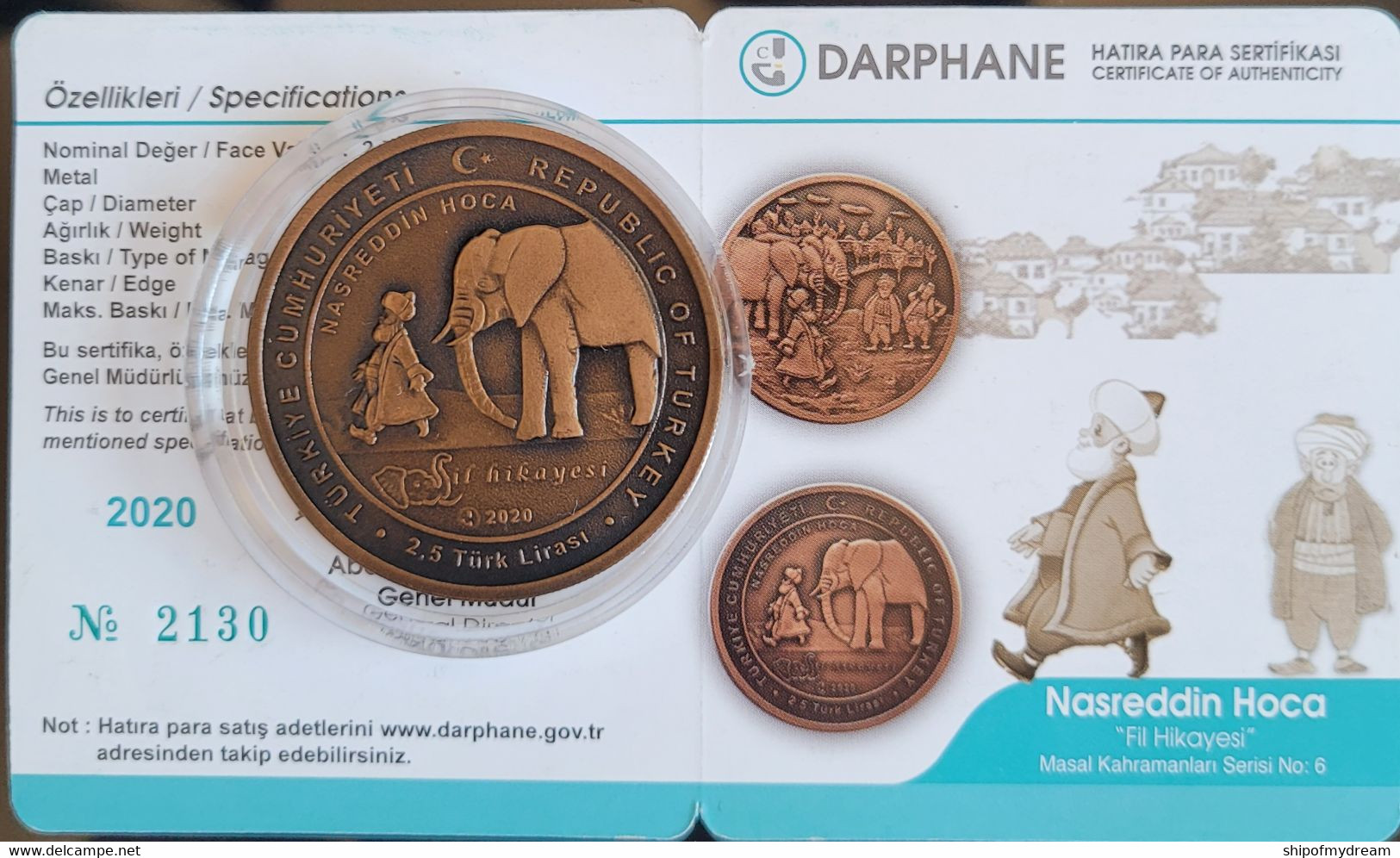 Turkey 2.5 Lira 2020. Nasreddin Hoca-The Elephant Story With Timur. COA. Mintage=5000. - Turquie