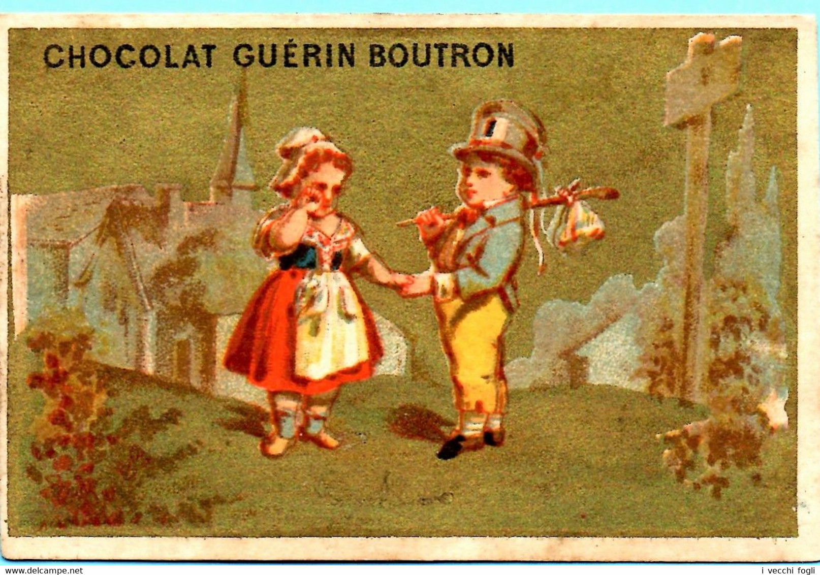 RARE Chromo Chocolat Guérin-Boutron. Les Petits Paysans. Le Départ. Fond Doré. Lith. Appel 3-1-34-1/2 - Guerin Boutron