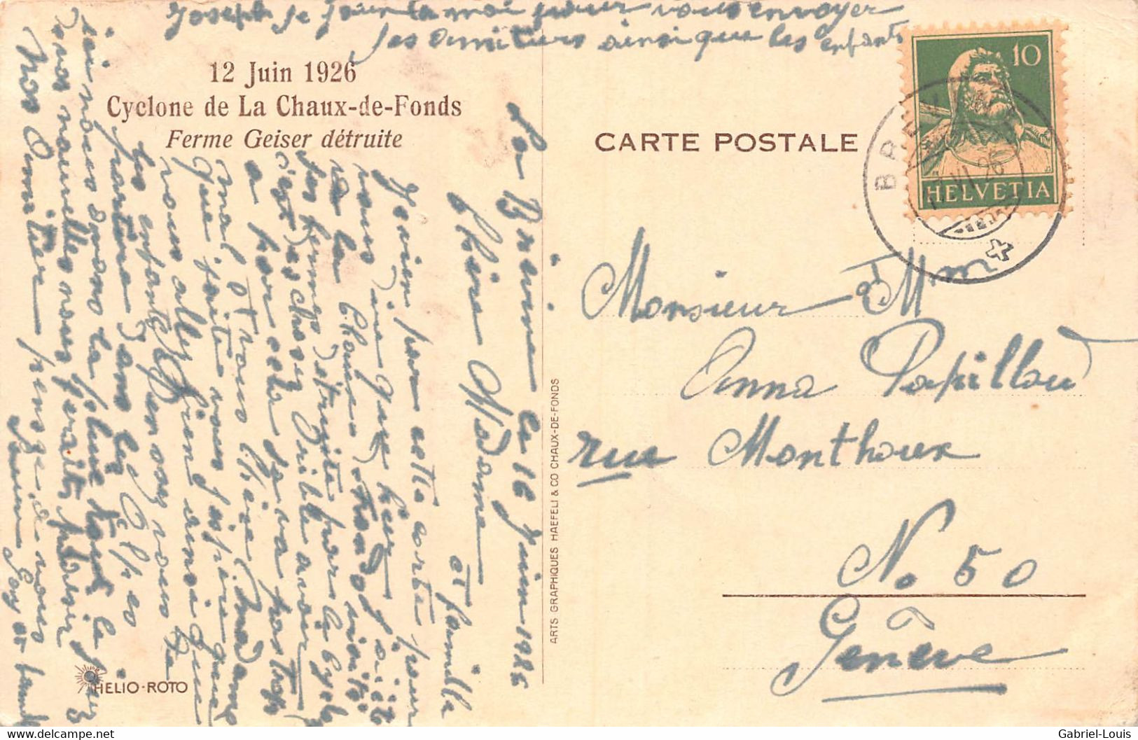 Cyclone De La Chaux-de-Fonds Ferme Geiser Détruite 12 Juin 1926 - Cachet Postal Brévine 1926 - La Brévine