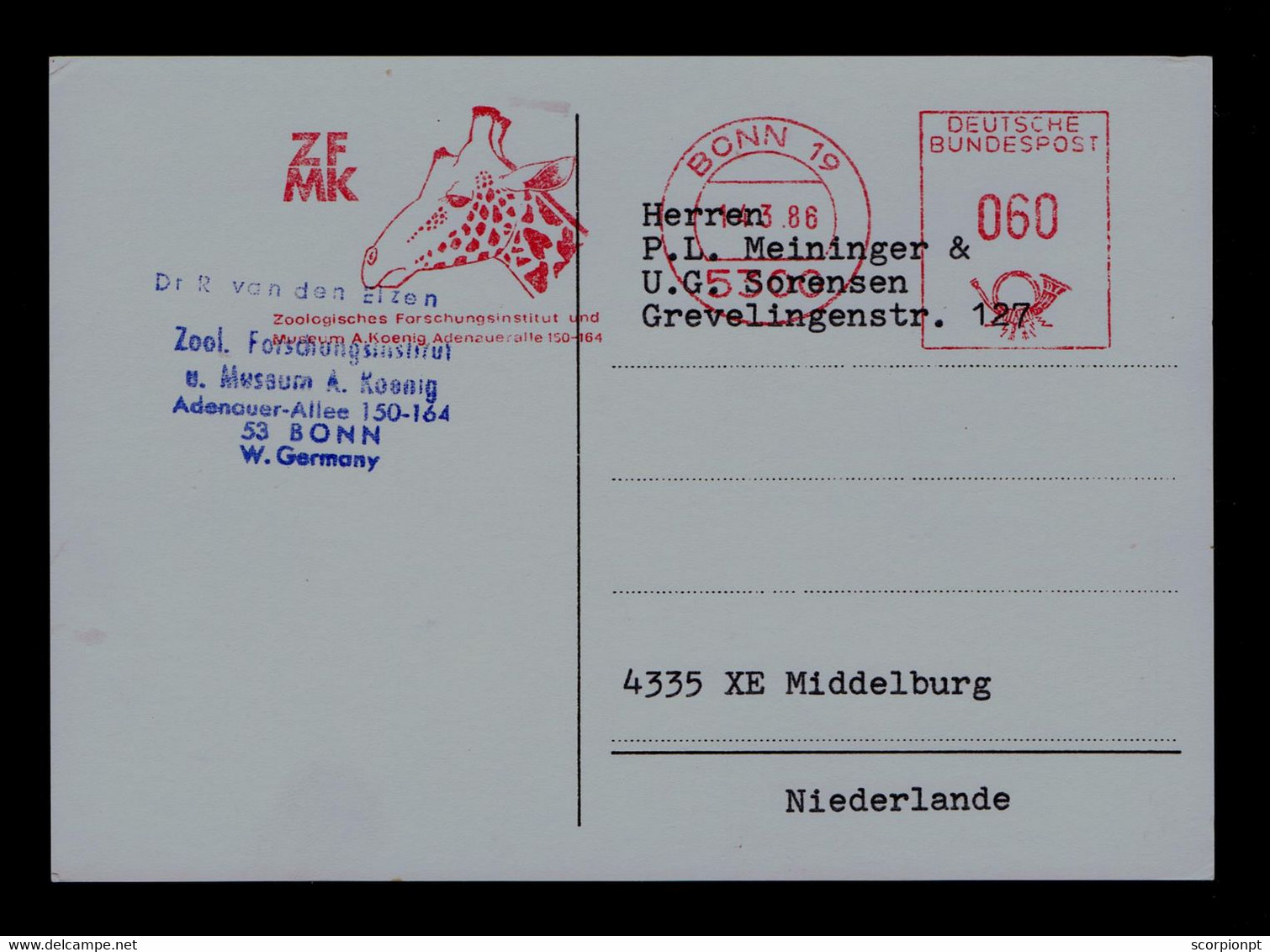 Sp7967 GERMANY Bonn Zoo EMA 1986 Animals Faune Giraffes Postal Document - Giraffes