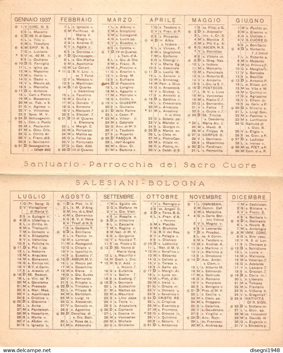 09949 "SALESIANI - BOLOGNA - SANTUARIO PARROCCHIA DEL SACRO CUORE" CALENDARIETTO ORIG. 1937 - Petit Format : 1941-60