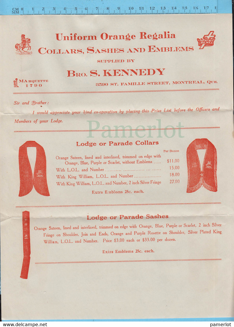 Articles De Ventes - Uniform Orange Regalia Supplied By Bro. S. Kennedy Montreal P.Que, 3 Feuilles Et 1 Carte - Canadá