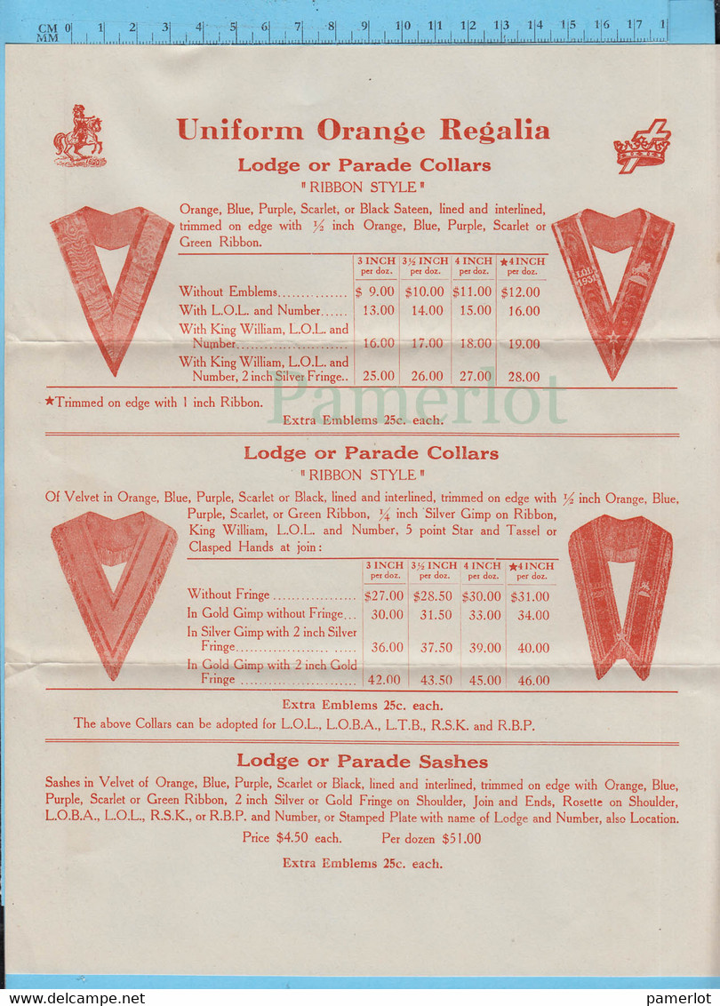 Articles De Ventes - Uniform Orange Regalia Supplied By Bro. S. Kennedy Montreal P.Que, 3 Feuilles Et 1 Carte - Canada