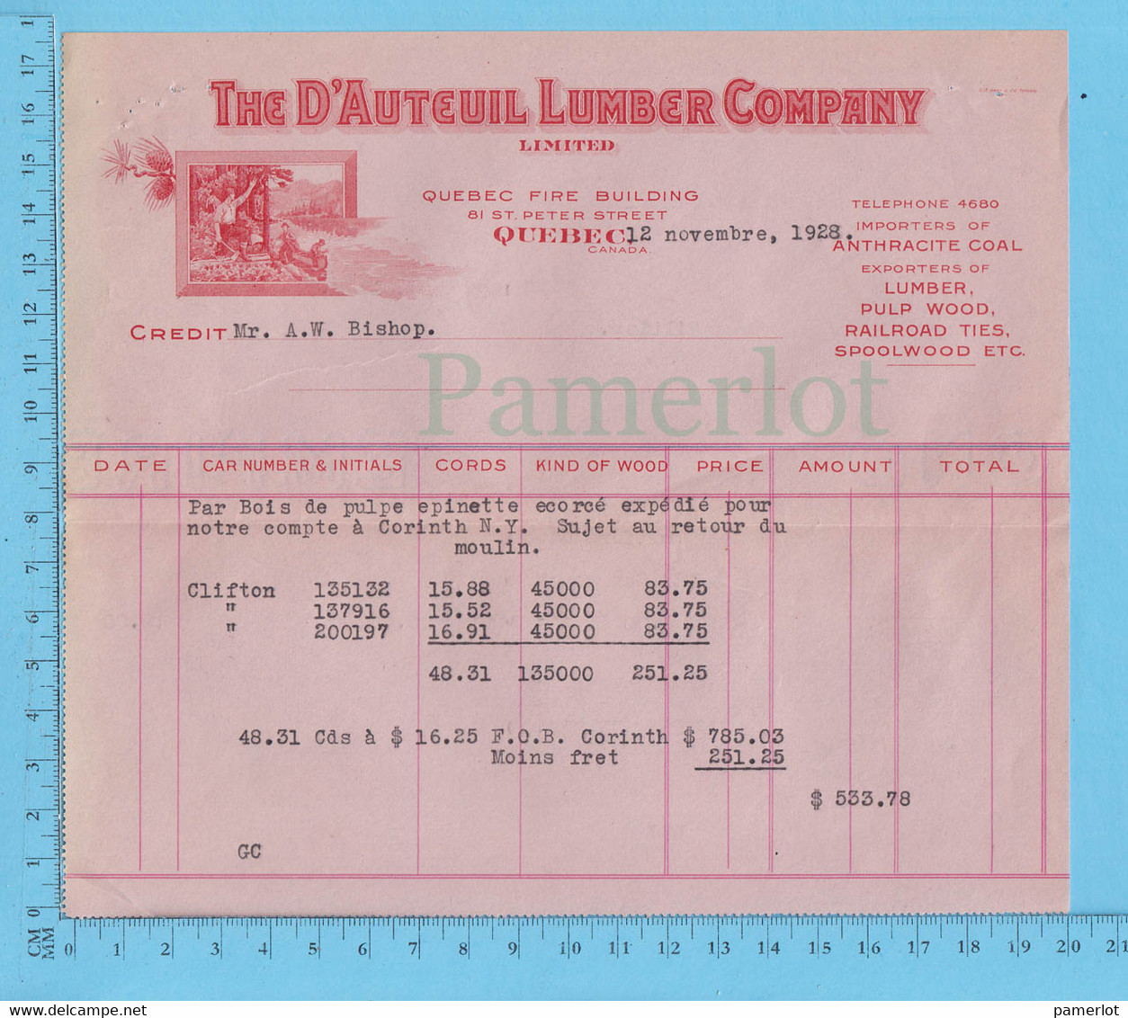 The D'auteuil Lumber Co.Credit At: A.W. Bishop, Bois De Pulpe épinette Ecorcé $ 533.78 - Canada