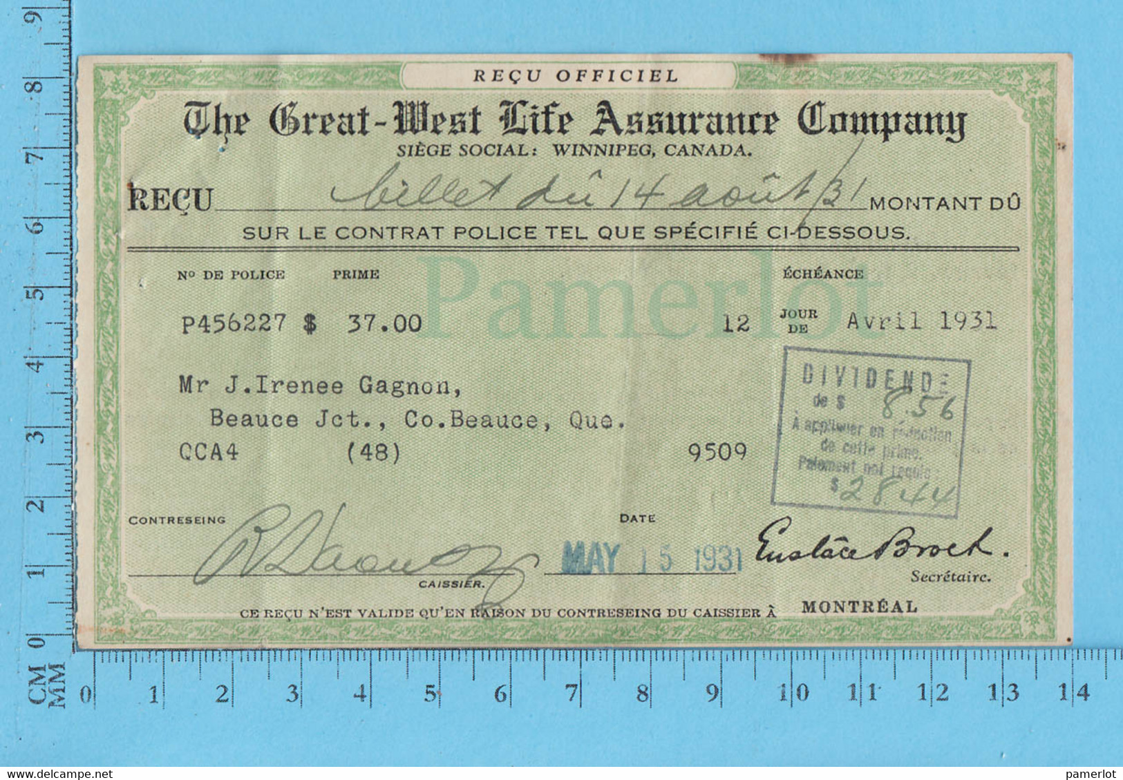 Great-West Life Assurance - Billet 1931, Dividende $8.56 - Canadá