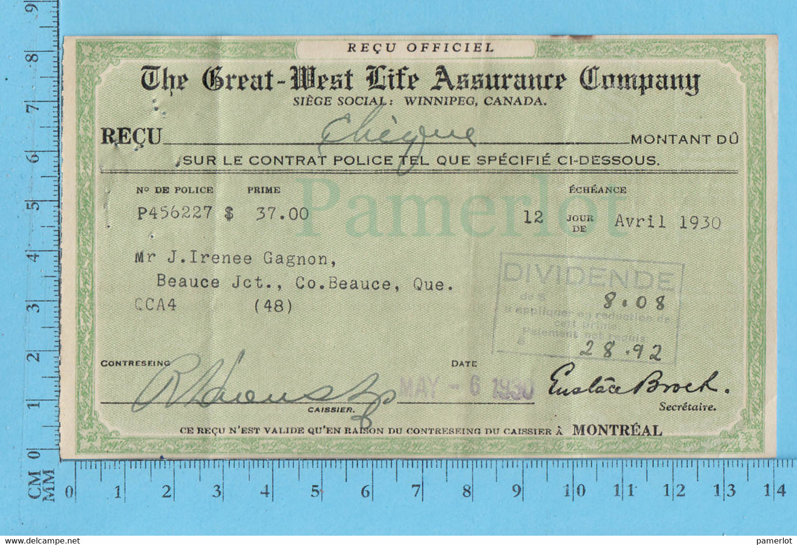 Great-West Life Assurance - Billet 1931, Dividende $8.08 - Canadá