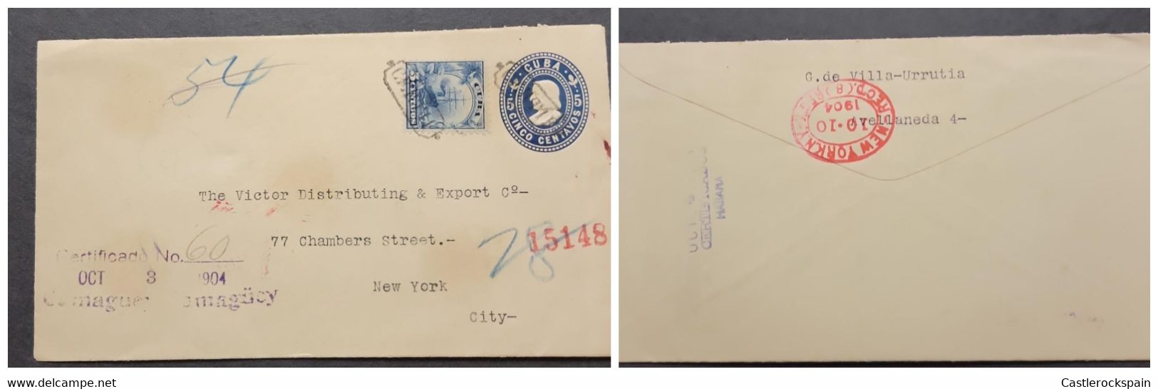 O) 1904 CUBA, CARIBBEAN, OCEAN LINER SCT 230 5c Blue, COLUMBUS  5c Ultra, CERTIFICATE FROM CAMAGUEY, NEW YORL BACKSTAMP, - Covers & Documents
