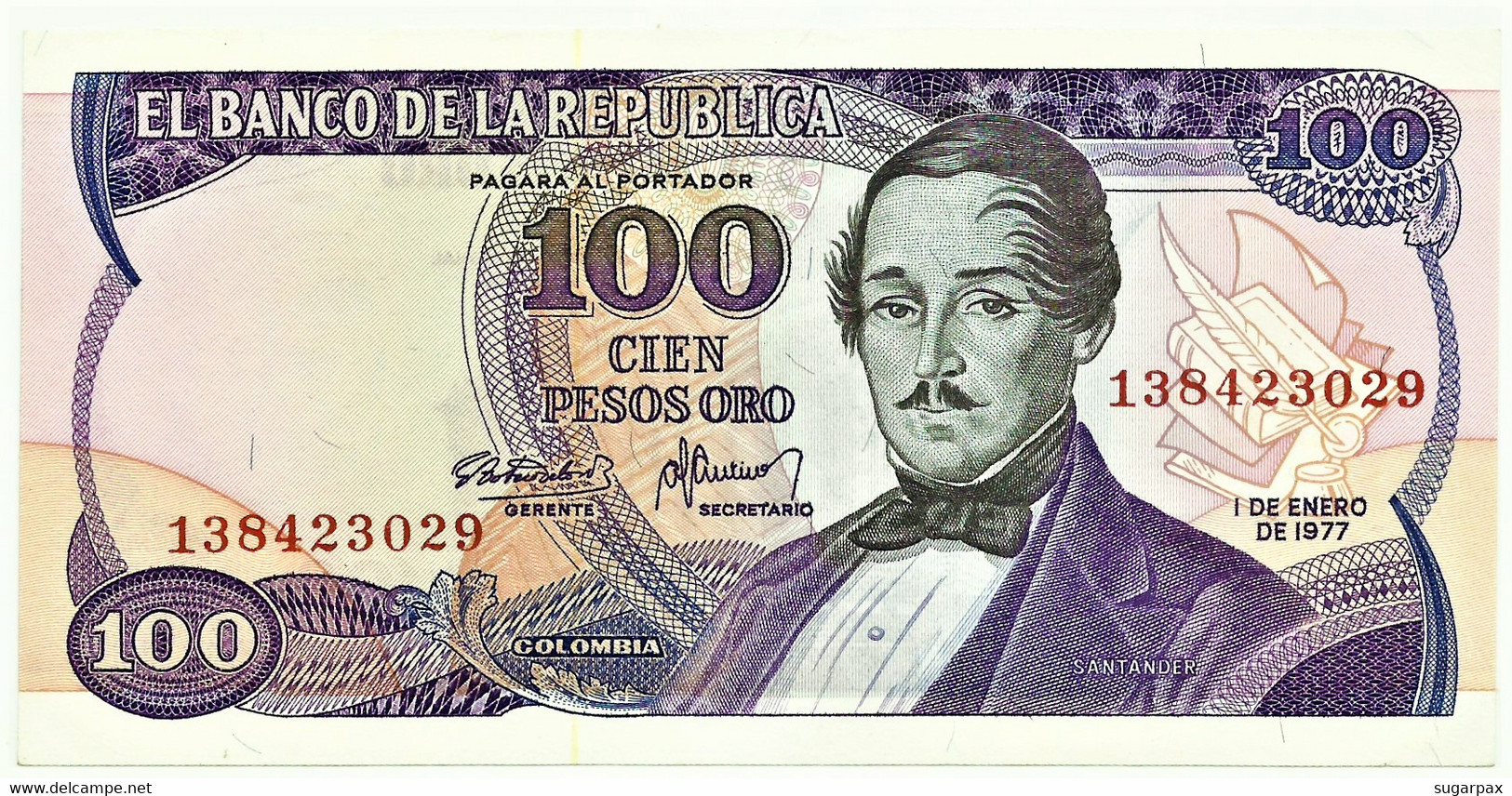 Colombia - 100 Pesos Oro - 1977.01.01 - Pick 418.a  - Unc. - General Santander - Kolumbien
