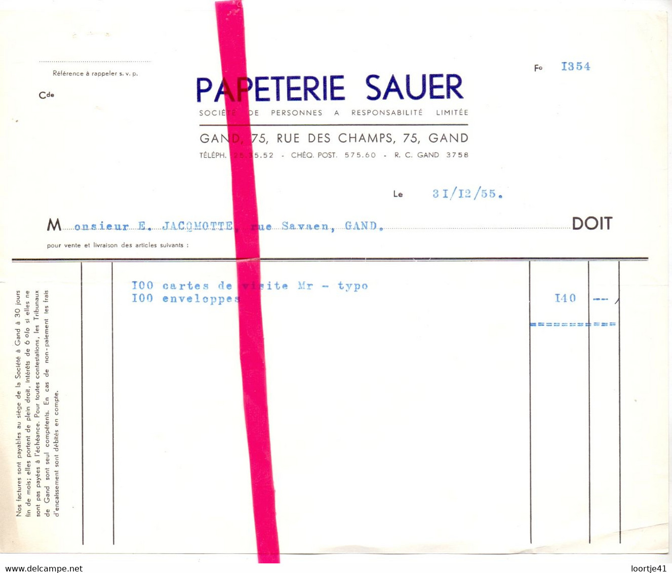 Factuur Facture - Papeterie Sauer , Gand Gent - 1955 - Printing & Stationeries